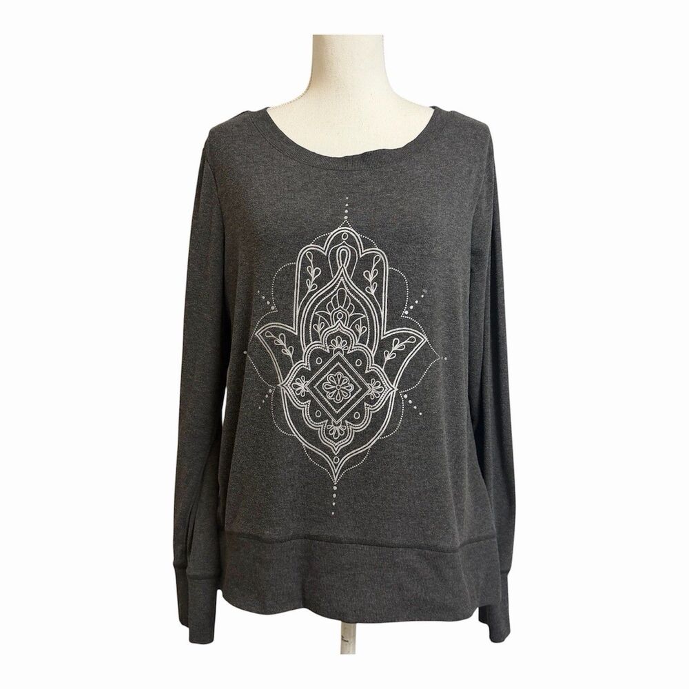 Gaiam Hamsa Hand Yoga Sweatshirt Grey Long Sleeve Top Crewneck